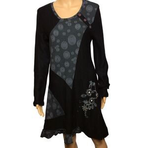 Artistic Black Knit Dress Size M Embroidery Buttons Beads Long Sleeve Whimsigoth
